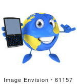 #61157 Royalty-Free (Rf) Illustration Of A 3d Blue And Yellow Globe Character Holding Out A Modern Cell Phone