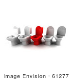 #61277 Royalty-Free (Rf) Illustration Of A 3d Red Toilet Standing Out In A Line Of White Toilets