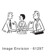 #61297 Cartoon Of A Sketch Of A Lady Politely Introducing Two Men In Black And White - Royalty Free Vector Clipart