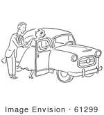 #61299 Cartoon Of A Sketch Of A Gentleman Helping A Lady Into A Car In Black And White - Royalty Free Vector Clipart