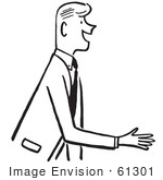 #61301 Cartoon Of A Salesman Or Gentleman Reaching Out To Shake Hands During An Introduction In Black And White - Royalty Free Vector Clipart