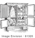 #61320 Retro Clipart Of A Vintage Antique Refrigerator With An Ice Compartment And Air Flow Shown In Black And White - Royalty Free Vector Illustration