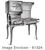 #61324 Retro Clipart Of A Vintage Antique Gas Stove In Black And White - Royalty Free Vector Illustration