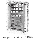 #61325 Retro Clipart Of Vintage Cupboard Shelves With Canned Goods In Black And White - Royalty Free Vector Illustration
