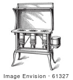 #61327 Retro Clipart Of A Vintage Antique Kerosene Stove In Black And White - Royalty Free Vector Illustration