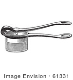 #61331 Retro Clipart Of A Vintage Antique Potato Ricer Kitchen Utensil In Black And White - Royalty Free Vector Illustration