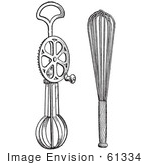 #61334 Retro Clipart Of A Vintage Antique Rotary Egg Beater And Whip In Black And White - Royalty Free Vector Illustration