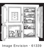 #61339 Retro Clipart Of A Vintage Antique Refrigerator With Food In Black And White - Royalty Free Vector Illustration