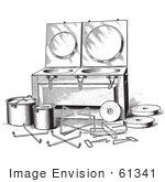 #61341 Retro Clipart Of A Vintage Antique Fireless Cooker And Stones In Black And White - Royalty Free Vector Illustration