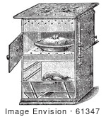 #61347 Retro Clipart Of A Vintage Antique Gas Cooking Stove With Food In The Oven In Black And White - Royalty Free Vector