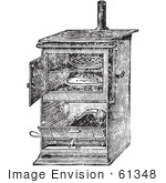 #61348 Retro Clipart Of A Vintage Antique Gas Cooking Stove With Food Baking In The Oven In Black And White - Royalty Free Vector
