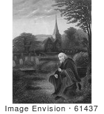 #61437 Retro Clipart Of A Lone Elderly Man In A Cemetery Near A Church In Black And White - Royalty Free Illustration