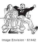 #61442 Retro Clipart Of A Vintage Teenage High School Boy Yawning Rudely In Class In Black And White - Royalty Free Vector Illustration