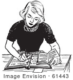#61443 Retro Clipart Of A Vintage Teen Girl Doing Homework At A Desk In Black And White - Royalty Free Vector Illustration