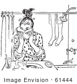 #61444 Retro Clipart Of A Vintage Teen Girl Washing Her Face In Black And White - Royalty Free Vector Illustration