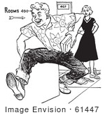 #61447 Retro Clipart Of A Vintage Teenage High School Boy Rudely Knocking Down A Girls Books In Black And White - Royalty Free Vector Illustration