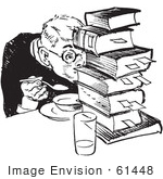 #61448 Retro Clipart Of A Vintage Teenage Boy Hiding Behind Books While Eating In Black And White - Royalty Free Vector Illustration