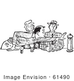 #61490 Retro Clipart Of A Vintage Teenage Couple And Rude Boy Reaching Across A Table In Black And White - Royalty Free Vector Illustration