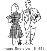 #61491 Retro Clipart Of A Vintage Teenage Couple Waving While Passing At School In Black And White - Royalty Free Vector Illustration