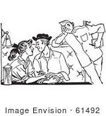 #61492 Retro Clipart Of A Vintage Annoued Chaperone Watching A Teenage Couple Swooning At A Diner In Black And White - Royalty Free Vector Illustration