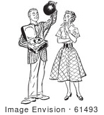 #61493 Retro Clipart Of A Vintage Teenage Boy Offering His Girlfriend Commitment As A Ball And Chain In Black And White - Royalty Free Vector Illustration