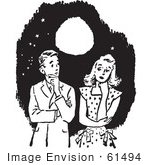 #61494 Retro Clipart Of A Vintage Awkward Teenage Couple Thinking Under A Full Moon In Black And White - Royalty Free Vector Illustration