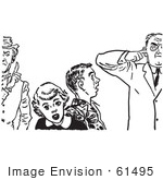 #61495 Retro Clipart Of A Vintage Teenage Couple Shocked At Strict Fathers In Black And White - Royalty Free Vector Illustration