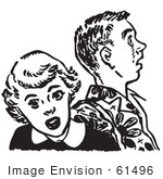 #61496 Retro Clipart Of A Vintage Teenage Couple Looking Shocked In Black And White - Royalty Free Vector Illustration