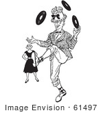 #61497 Retro Clipart Of A Vintage Annoyned Woman Watching A Teenage Boy Showing Off His Juggling Talents In Black And White - Royalty Free Vector Illustration