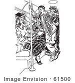 #61500 Retro Clipart Of A Vintage Teenage Boy Flirting With A Girl On A School Bus In Black And White - Royalty Free Vector Illustration