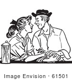 #61501 Retro Clipart Of A Vintage Teenage Couple Swooning At A Diner In Black And White - Royalty Free Vector Illustration