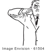 #61504 Retro Clipart Of A Vintage Cut Off Man Plugging His Ear In Black And White - Royalty Free Vector Illustration
