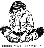 #61507 Retro Clipart Of A Vintage Teenage Girl Pouting And Sitting On The Floor In Black And White - Royalty Free Vector Illustration