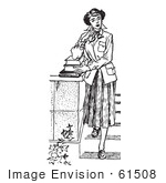 #61508 Retro Clipart Of A Vintage Teenage Girl Looking Thoughtful And Standing With Books On Steps In Black And White - Royalty Free Vector Illustration
