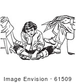 #61509 Retro Clipart Of A Vintage Teenage Girl Pouting And Sitting On The Floor By Her Parents In Black And White - Royalty Free Vector Illustration