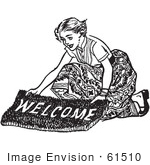 #61510 Retro Clipart Of A Vintage Teenage Girl Laying Out A Welcome Matt For Boys In Black And White - Royalty Free Vector Illustration