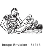 #61513 Retro Clipart Of A Vintage Teenage Boy Flirting With His Girlfriend On A Telephone In Black And White - Royalty Free Vector Illustration