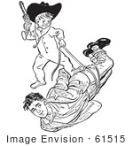#61515 Retro Clipart Of A Vintage Teenage Boy Playing Cowboys With His Girlfriends Little Brother In Black And White - Royalty Free Vector Illustration