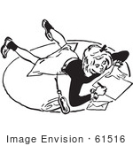 #61516 Retro Clipart Of A Vintage Teenage Girl Writing A Letter On A Floor In Black And White - Royalty Free Vector Illustration