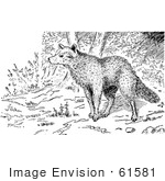 #61581 Clipart Of A Wolf In The Forest In Black And White - Royalty Free Vector Illustration