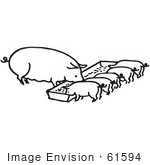 #61594 Clipart Of A Sow And Piglets Eating In Black And White - Royalty Free Vector Illustration