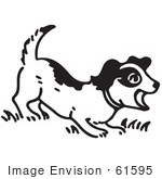 #61595 Clipart Of A Barking Puppy In Black And White - Royalty Free Vector Illustration