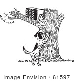 #61597 Clipart Of A Dark Barking At An Animal Trap In A Tree In Black And White - Royalty Free Vector Illustration
