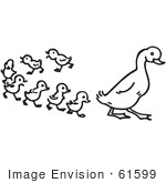 #61599 Clipart Of A Duck And Ducklings In Black And White - Royalty Free Vector Illustration