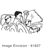 #61607 Clipart Of A Retro Father Pilot And Sons In Black And White - Royalty Free Vector Illustration