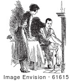 #61615 Clipart Of A Retro Housewife Setting A Fireside Table For Her Husband In Black And White - Royalty Free Vector Illustration