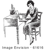 #61616 Clipart Of A Retro Woman Reading At A Desk In Black And White - Royalty Free Vector Illustration