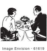 #61619 Clipart Of A Retro Couple Eating A Meal In Black And White - Royalty Free Vector Illustration