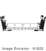 #61622 Clipart Of A Retro Housewife Across A Long Table From Her Husband In Black And White - Royalty Free Vector Illustration