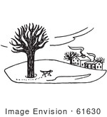 #61630 Clipart Of A Dog Exploring Property In The Winter In Black And White - Royalty Free Vector Illustration